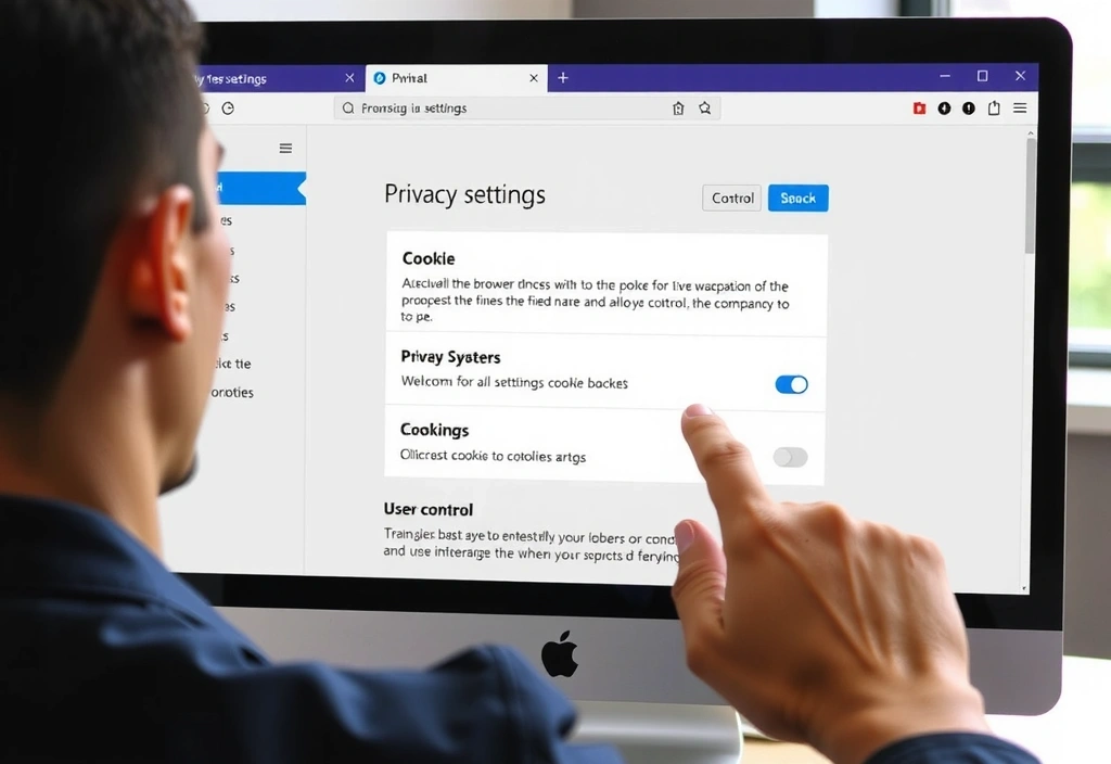Osoba zarządzająca ustawieniami przeglądarki, symbolizująca kontrolę nad plikami cookie