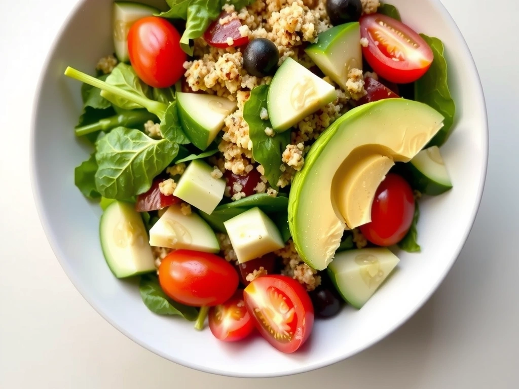 Kolorowa sałatka z komosą ryżową, świeżymi warzywami i awokado