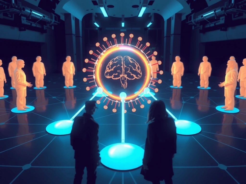 Futurystyczna wizualizacja sieci wiedzy i zdrowia, z ludźmi łączącymi się z informacjami