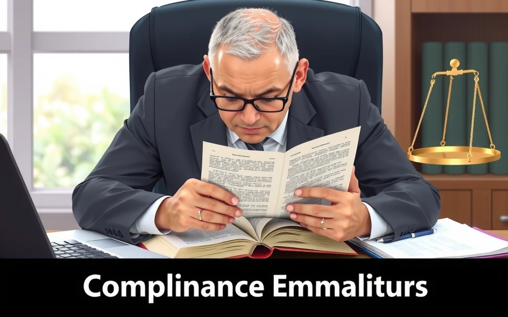 Ilustracja prawnika analizującego dokumenty, symbolizująca przestrzeganie regulaminów i zasad prawnych.