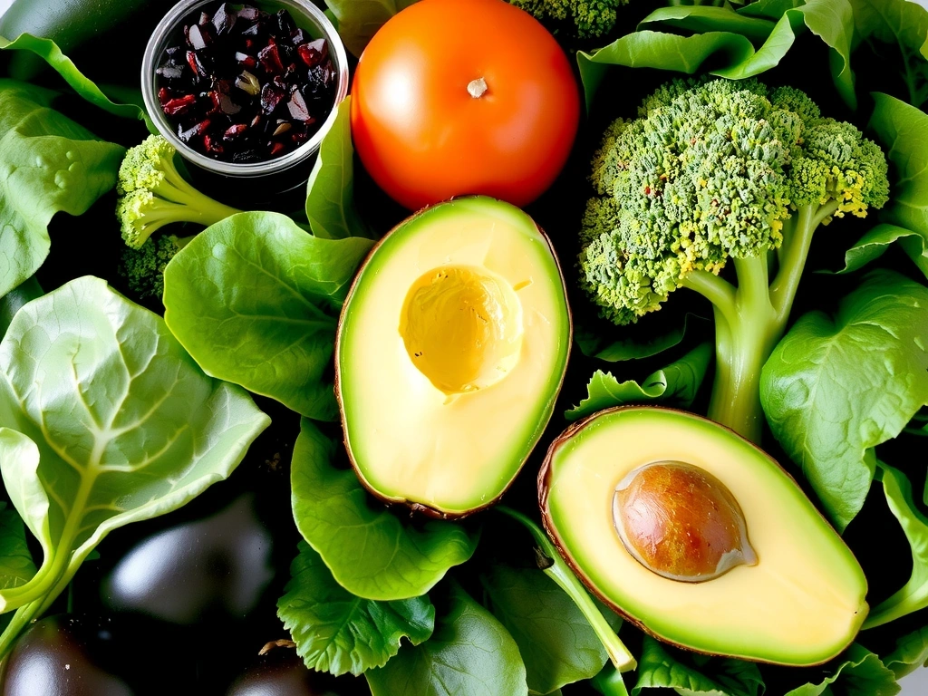 Świeże zielone warzywa liściaste i dojrzałe awokado