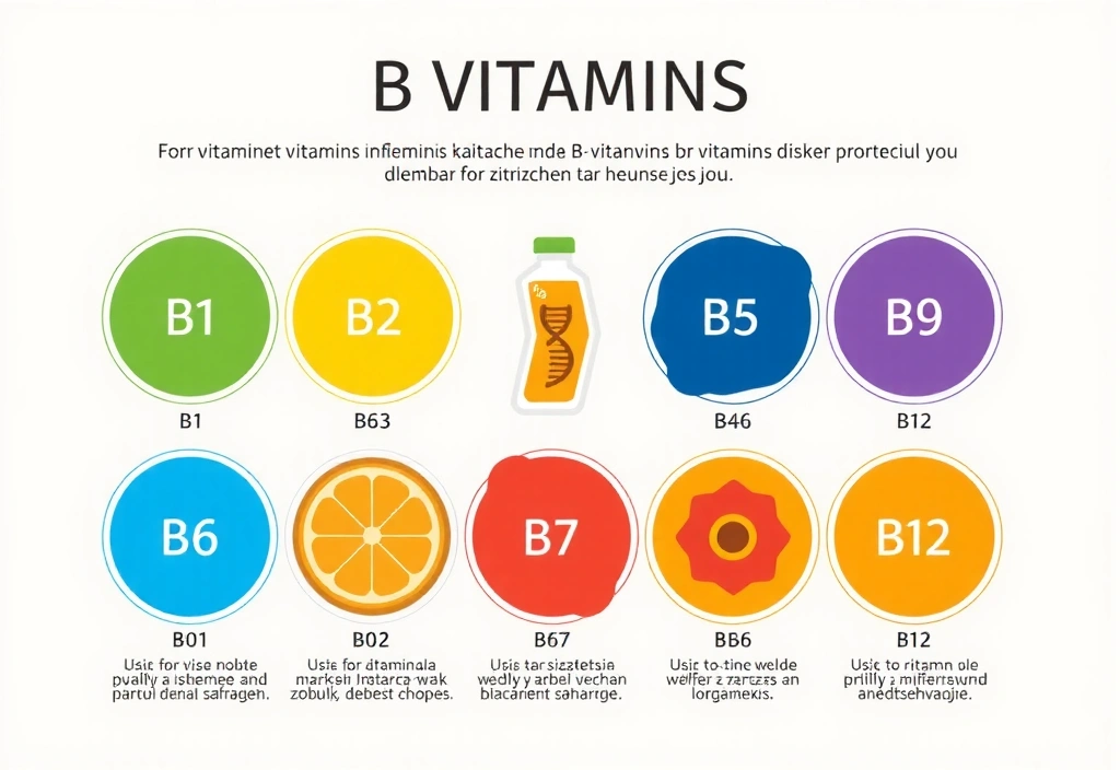 Diagram kompleksu witamin B z ich nazwami i funkcjami