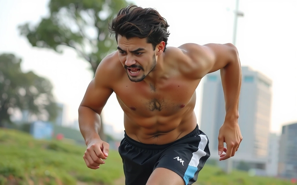 Biegacz w ruchu, z kroplami potu, symbolizujący wysiłek fizyczny i zwiększone zapotrzebowanie na żelazo.