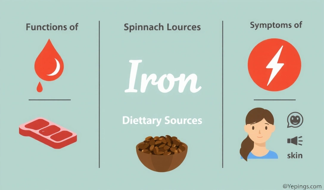 Infografika przedstawiająca funkcje żelaza w organizmie, źródła w diecie oraz objawy niedoboru, z ikonami symbolizującymi krew, energię i rośliny.
