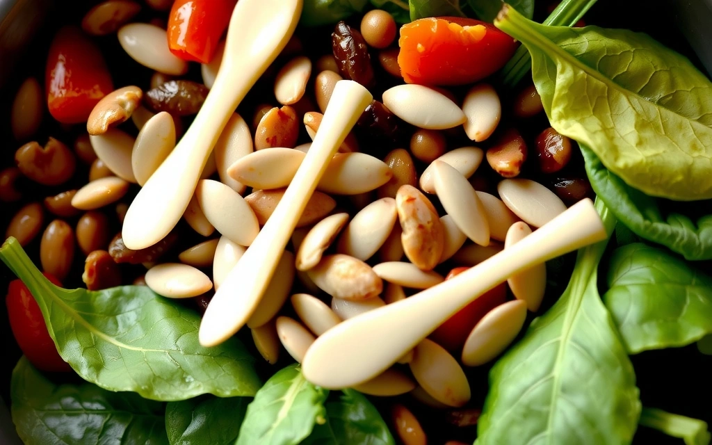 Miska pełna świeżego szpinaku, soczewicy i pestek dyni, symbolizująca różnorodne roślinne źródła żelaza.