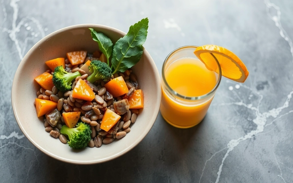 Szklanka soku pomarańczowego obok talerza z soczewicą i brokułami, ilustrująca połączenie witaminy C z żelazem roślinnym.